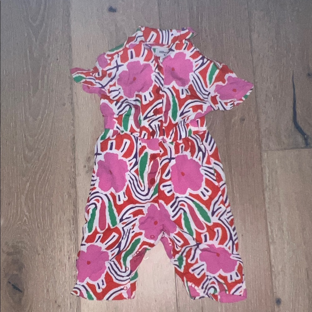 Girls' Floral Short-Sleeve Jumpsuit in Pink and Red